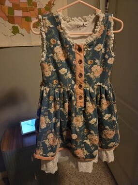 Love & Joy Girls' Blue Floral Button-Front Sundress with Peach Trim